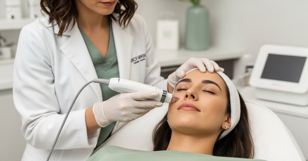A dermatologist in a white coat performing a microneedling procedure on a woman's face using a handheld device to treat skin texture and stimulate collagen.