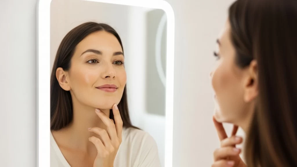 A woman admiring her side profile and defined jawline in a lighted mirror, illustrating the results of chin filler treatments.
