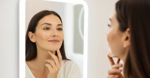 A woman admiring her side profile and defined jawline in a lighted mirror, illustrating the results of chin filler treatments.