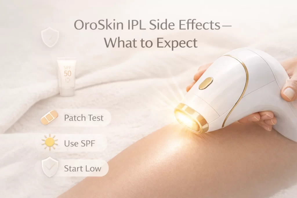 Close-up of OroSkin IPL hair removal device being used on smooth skin with soft natural lighting, representing safe at-home IPL treatment.