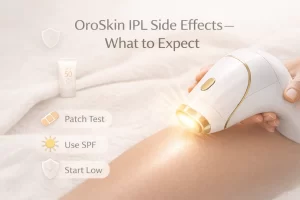Close-up of OroSkin IPL hair removal device being used on smooth skin with soft natural lighting, representing safe at-home IPL treatment.