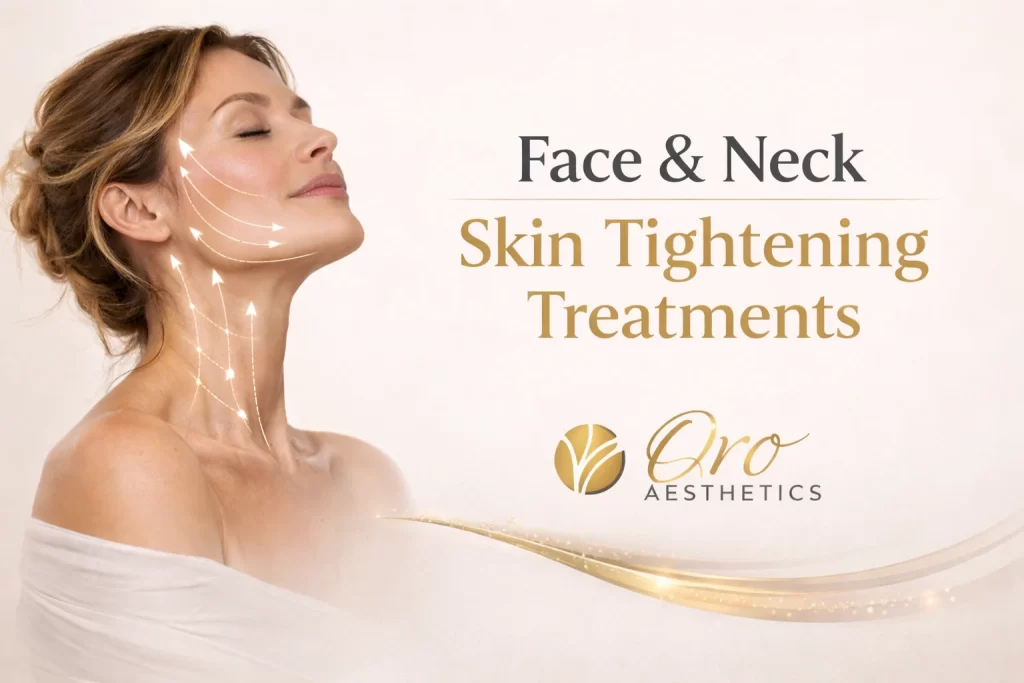 Woman with lifted jawline and neck illustrating face and neck skin tightening treatments with Oro Aesthetics logo