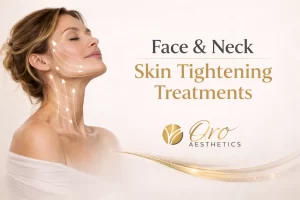 Woman with lifted jawline and neck illustrating face and neck skin tightening treatments with Oro Aesthetics logo