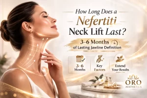 Woman with defined jawline and smooth neck illustrating Nefertiti Neck Lift results lasting 3–6 months by ORO Aesthetics.