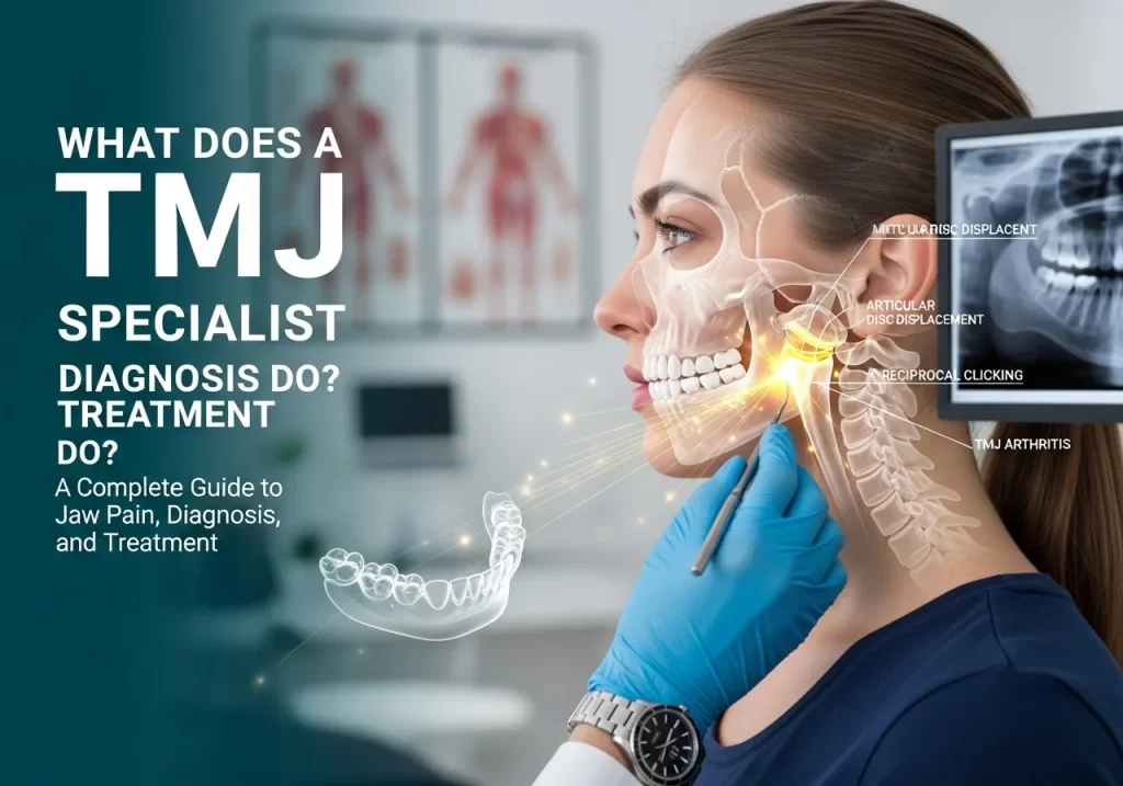 A female patient shown in profile with an anatomical skull overlay highlighting the temporomandibular joint. A medical professional's gloved hand points to the glowing jaw joint. The image features the text "What Does a TMJ Specialist Do? A Complete Guide to Jaw Pain, Diagnosis, and Treatment.