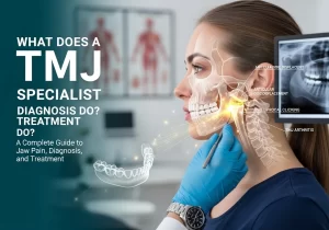 A female patient shown in profile with an anatomical skull overlay highlighting the temporomandibular joint. A medical professional's gloved hand points to the glowing jaw joint. The image features the text "What Does a TMJ Specialist Do? A Complete Guide to Jaw Pain, Diagnosis, and Treatment.