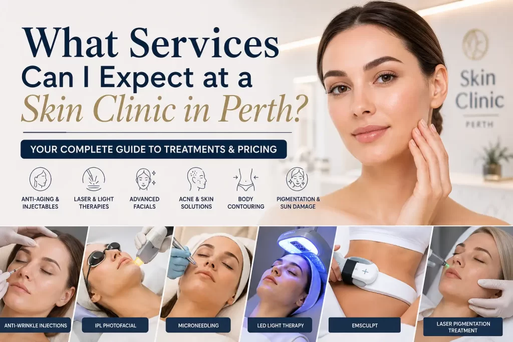 Woman with clear glowing skin at a Perth skin clinic showing treatments like anti-aging injectables, laser therapy, facials, acne solutions, and body contouring services