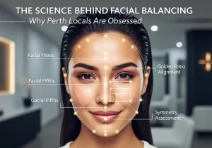 Woman's face with golden ratio mapping and geometric lines, demonstrating the science of facial balancing in a Perth cosmetic clinic.